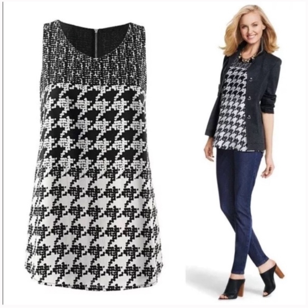Cabi‎ Black White Houndstooth Sleeveless Tunic Top Mixed Print Back Zip 3090 M